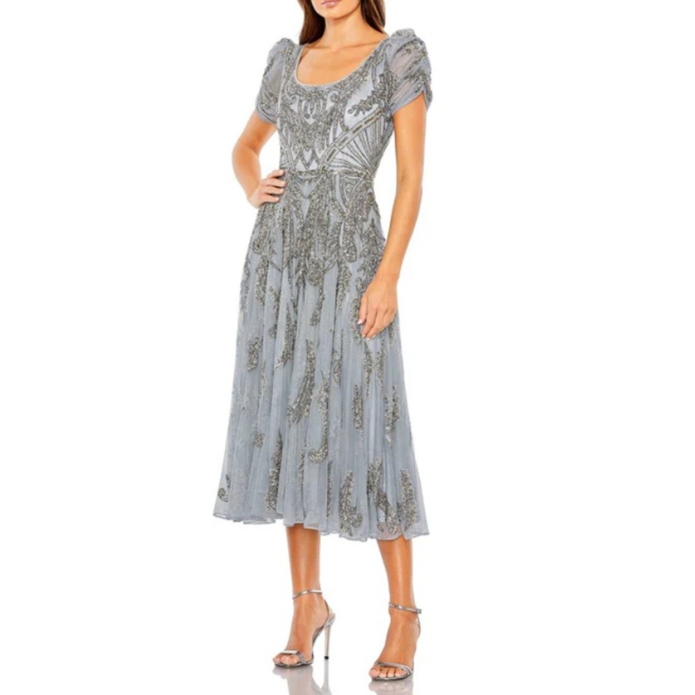 Mac Duggal Women's Silver Beaded A Line‎ Tea Length Formal Midi Dress Size 8 NWT
